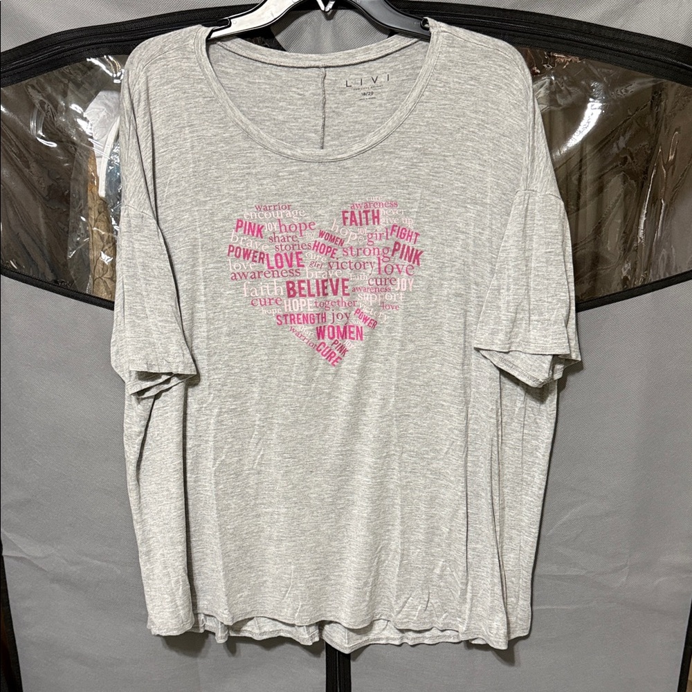 Livi Active Heather Gray Tee with Pink cancer awareness Heart